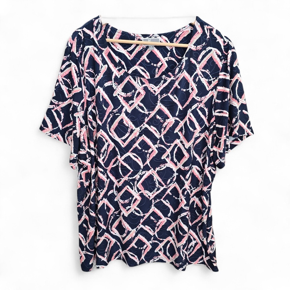 JM Collection Top Womens Plus 3X Navy Blue Scoop Neck Jacquard Textured Blouse